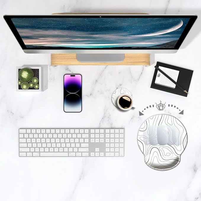 Ergonomic Mouse Pad with Wrist Support,Mouse Pad with Wrist Rest,Relieve Wrist Pain Mousepad Non-Slip Rubber Base,Mouse Pads for Desk,Computers,Laptop,Office,Home,Accessories White Topographic Line