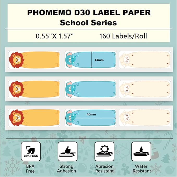 Phomemo D30 3 Roll Adhesive Cute Animals Pattern Label Paper 0.55" X 1.57" (14mm X 40mm) for Labeling Kid Items, for School, Organization, 160 Labels for Each Roll