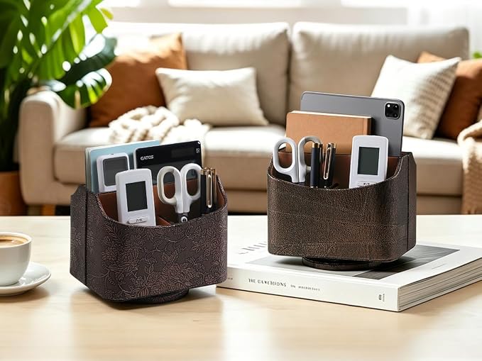 PU Leather Remote Control Holder, 360 Degree Rotating Desk Organizer Luxury Desktop Storage Rack, Rotating Bedside Storage Box for Desktop Office Living Room Bedroom (Brown Grape Pattern)