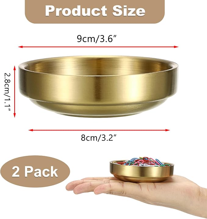 BTSKY 2 Pack Flat Golden Paper Clip Holder, Stackable Desk Organizer Metal Storage Bowl for Small Office Supplies Paper Clips & Tiny Parts, Cute Round Jewelry Storage for Office Bathroom Vanity