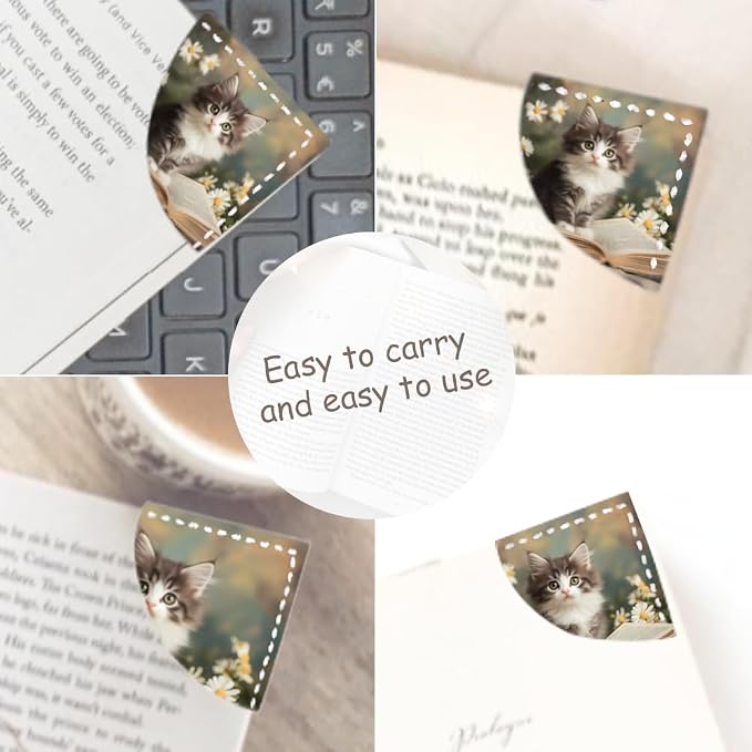 2PCS PU Leather Bookmarks 3.5x3.5 Inch Kitten Floral Book Design | PU leather bookmarks with kitten floral book design for novels, diary pages reading notes students, cat lovers and book fans.