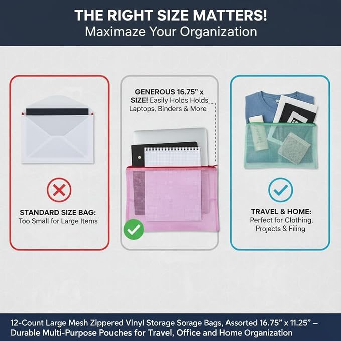 Fun Express 16 3/4" x 11 1/4" Large Mesh Zippered Vinyl Storage Bags - 12 Pieces
