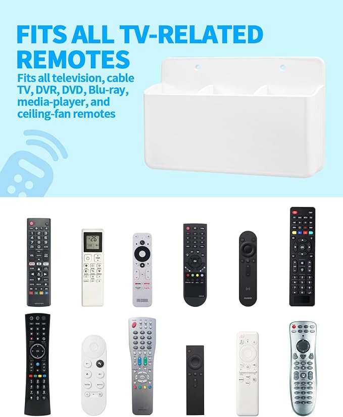 3 Slot Adjustable Remote Control Holder Wall Mount, Adhesive Remote Organizer for TV Controller with Hollow Bottom for Charging, Wall Pen Holder for Home Office School (White, 1)