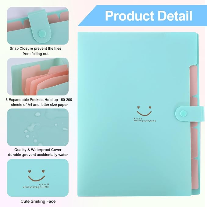 Expanding File Folders with 5 Pocket,A4 Letter Size Accordion Document Organizer,Plastic Expandable File Folder with Snap Closure, 120 Labels in 12 Colors for Office Supplies, Pack of 10