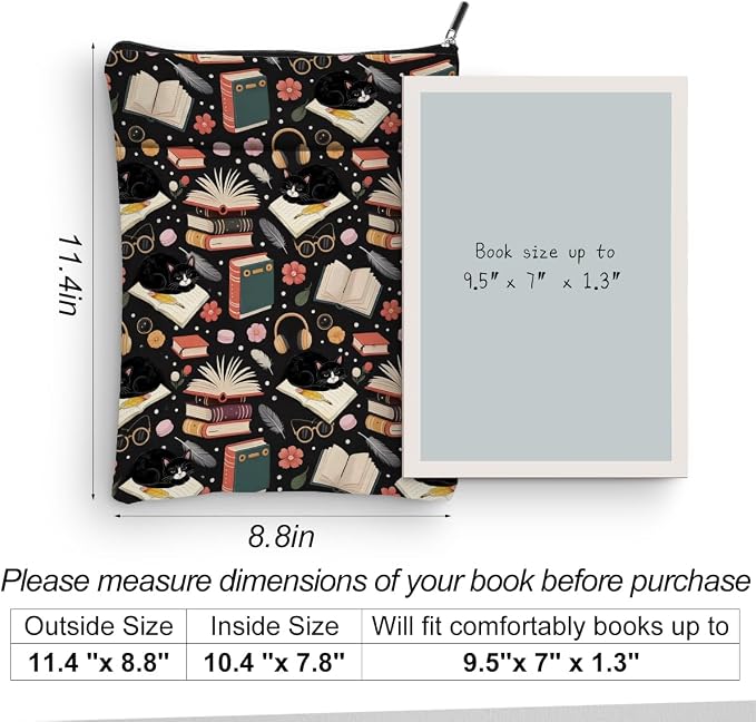 Cute Cat Book Sleeve, Book Lovers Gifts Sleeve with Zipper & Front Pocket, 11.4x8.8 Inch Canvas Books Cover Protector Bookish Gift for Readers Librarian Women Teacher, Cat Lover Gifts for Women