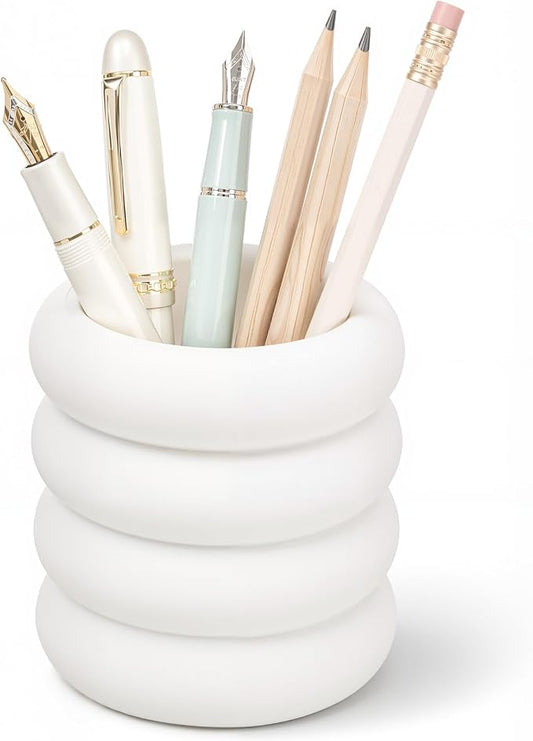 Aesthetic Desk Organizer Boho Pen Holder Modern Pencil Holder Beige Plastic Makeup Brush Organizer for Office Desk Accessories Stylish Home Office Art Decor Supplies(Wavy)