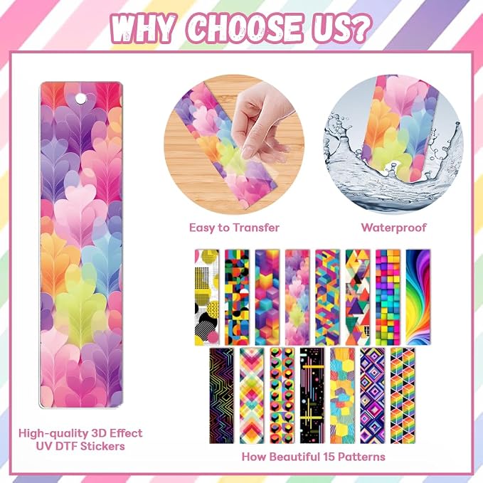Peacoblue 30pcs UV DTF Bookmarks Transfer Stickers Wraps Color Cube Stack for Women Men Reading, Waterproof Bookmarkers Decal(No Blank Bookmarks) for Acrylic Plastic Metal Blank Bookmark