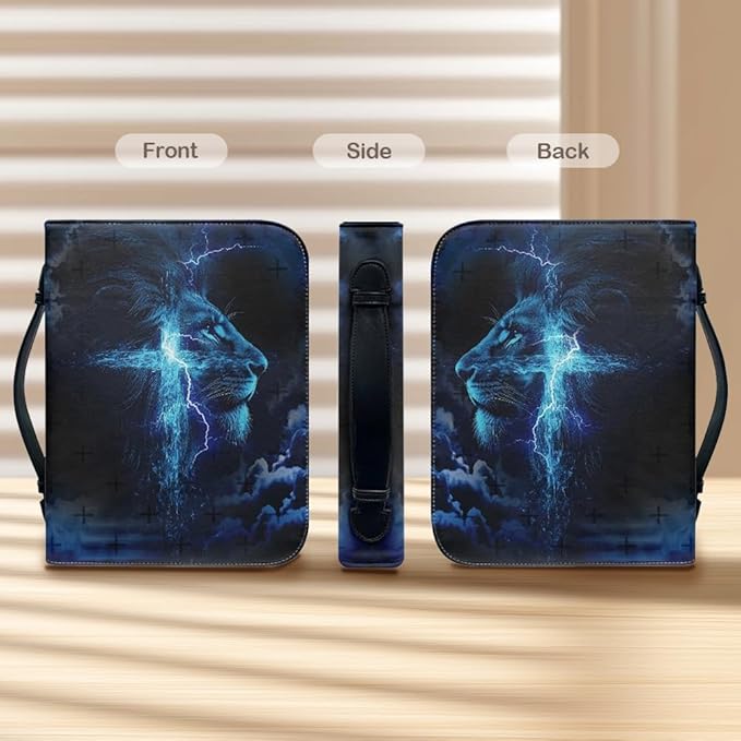 Bible Case with Handle and Zipper, Premium PU Leather Waterproof Bible Cover 11.2 x 8 x 2.2 Inches, Book Case for Standard Size Bibles with Pen Storage, Bible Accessories Gifts (Blue Lion)