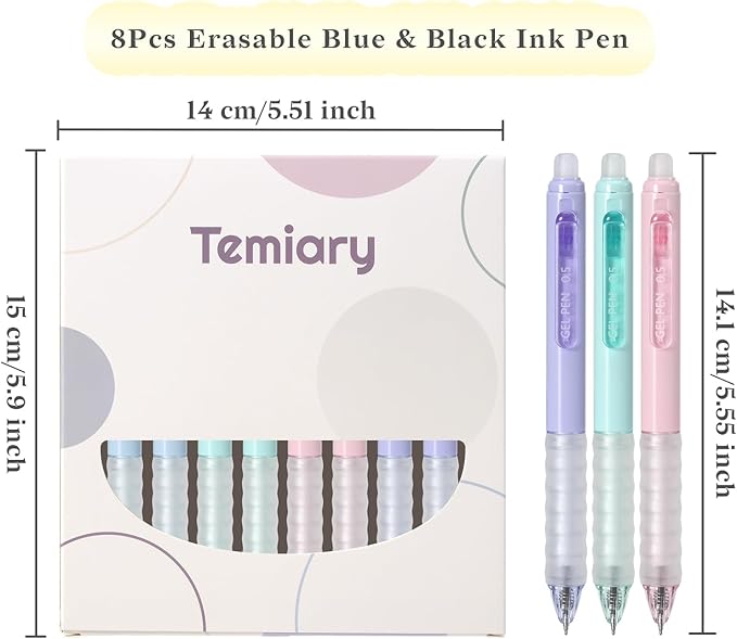 Temiary 8Pcs Retractable Erasable Gel Pens, Make Mistakes Disappear, Blue & Black Ink Pen for Writing Planner and Crossword Puzzles, No Smudge on School Office Supplies (Morandi)