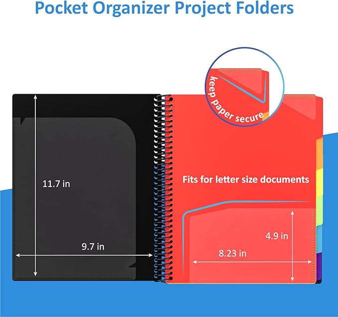 12 Pocket Project Organizer, 6 Color Letter Size Spiral Multi Pocket Folder Organizer, 1/6-cut Tab Poly File Organizer Binder with Dividers,Multi-Subject Binder Notebook School Office Supplies