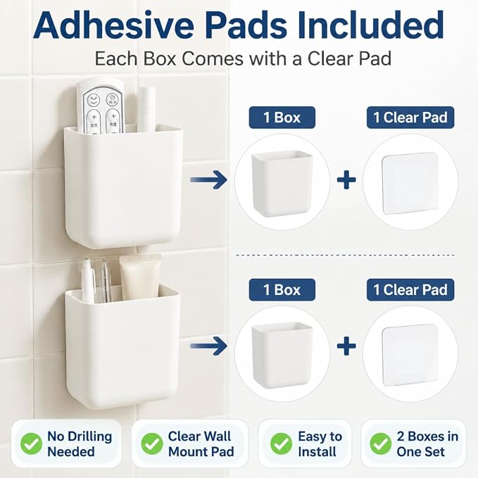 Remote Control Holder Wall Mount, TV/AC Controller Holder, Self Adhesive Wall Mounted Storage Container Perfect for Home, Office, School, No Drill Needed (2 Pcs White)