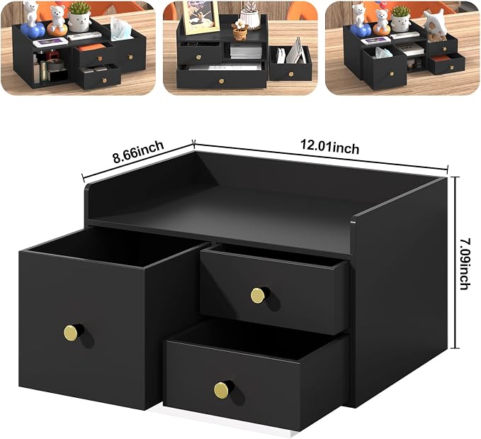 Bamboo Desk Organizer with Drawers Wooden Desktop Storage Organization Box for Bills Office Supplies Kitchen Utensils Organizing Tool for Home Classroom Vanity, No Assembly Required (Black, 3 Drawers)