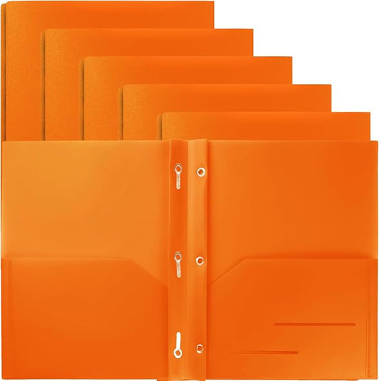 Youngever 6 Pack Heavy Duty Plastic Two Pocket Folders with 3 Prongs, Metal Prongs Fastener, Heavy Duty Plastic 2 Pocket Folder (Orange)