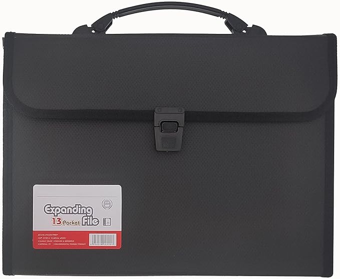 Expanding File Folder with Labels, 13 Pocket Accordion File Organizer, Letter A4 Paper Document Accordion Folder, 1 Pack (Black)