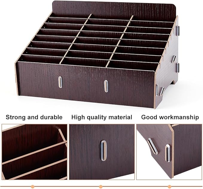 BENECREAT 24-Grid Wooden Mobile Phone Management Storage Box, Black Cell Phone Storage Box Desktop Organizer for Office and School Supplies, Walnut Color