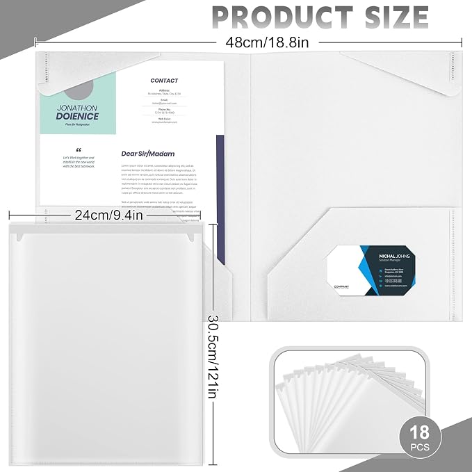 Henoyso 18 Pack White Plastic Folders with Clear Front Pockets Heavy Duty File Folders with 2 Pockets and Card Slot for Student Communication School Office Presentation Report