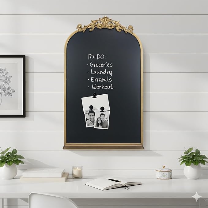 Vintage Magnetic Arch Chalkboard with Shelf - 19"x31" Decorative Wall Mounted Ornate Gold Framed Blackboard with Chalk, Clips & Cloth - Elegant Wedding Sign & Kitchen Menu Home Decor