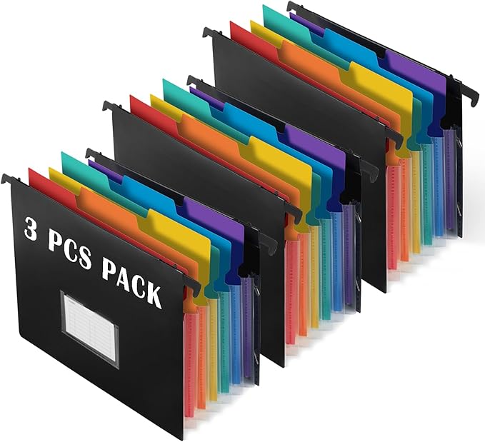 7-Pockets Hanging File Folder with Retractable Hooks for Filing Cabinet, Letter Size Expandable Accordion File Organizer with Elastic Band for File Frame or On-The-Go Use (3 Pack)