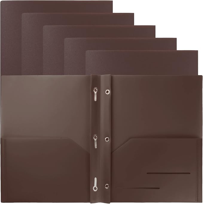Youngever 6 Pack Heavy Duty Plastic Two Pocket Folders with 3 Prongs, Metal Prongs Fastener, Heavy Duty Plastic 2 Pocket Folder (Brown)