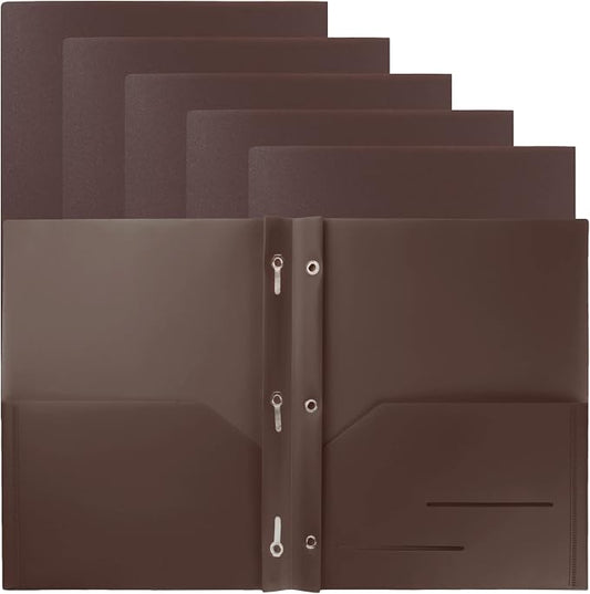 Youngever 6 Pack Heavy Duty Plastic Two Pocket Folders with 3 Prongs, Metal Prongs Fastener, Heavy Duty Plastic 2 Pocket Folder (Brown)
