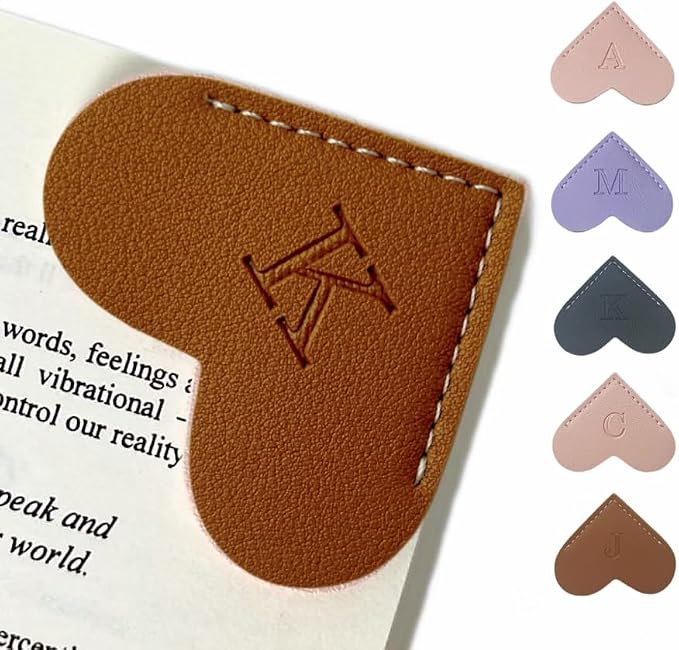 Personalized Leather Book Marks, Heart Bookmark, Unique Cute Handmade Letter Bookmarks Accessories for Reading Women, Teacher, Student, Book Lovers Book Mark Gifts (Brown, K)