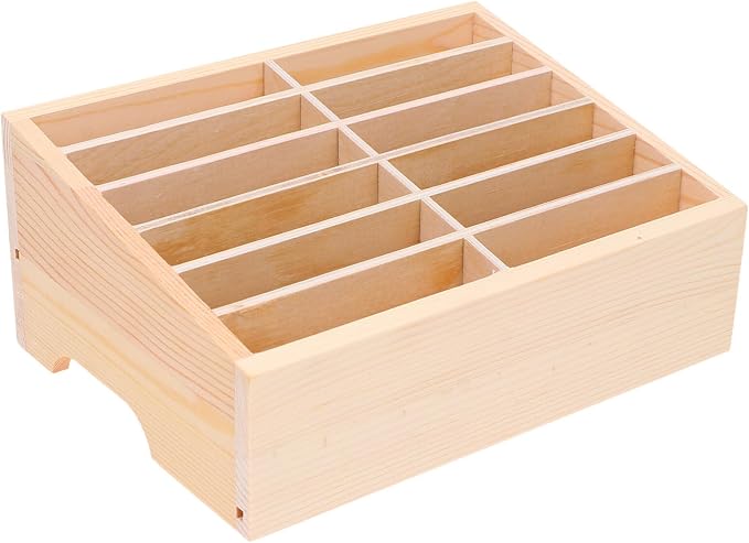 Totority Cell Phone Storage Box, 12 Grid DIY Wooden Mobile Phone Desktop Organizer Storage Box for Office and School Supplies
