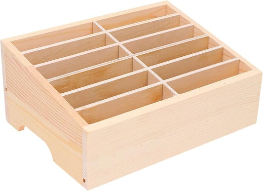 Totority Cell Phone Storage Box, 12 Grid DIY Wooden Mobile Phone Desktop Organizer Storage Box for Office and School Supplies