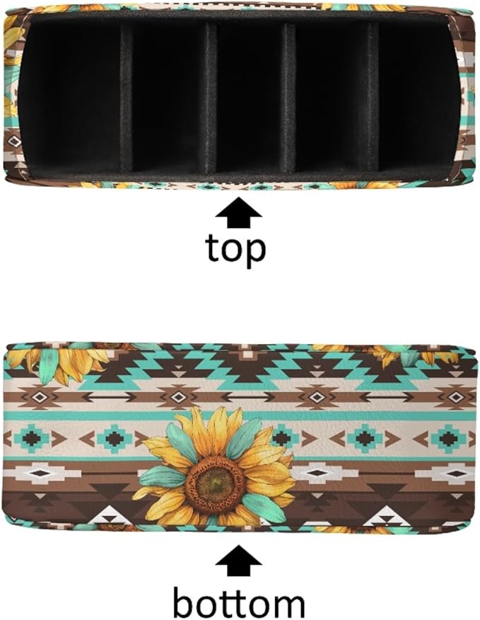 FUSURIRE Remote Control Holder Vintage Sunflower Aztec Geometry Print PU Leather Organizer Box with 5 Compartments for Home Office Supplies,Remote Caddy Desktop Storage for Controllers,Media Player