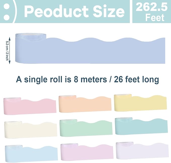 Wiooffen 10 Rolls 262ft Colorful Borders for Bulletin Board Scalloped Trim Bulletin Board Decorations Classroom Borders for Bulletin Board Back to School Supplies Office Wall Chalkboard Decor(Pastel)