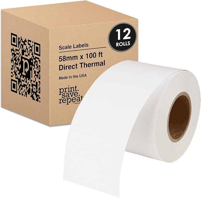 60mm x Continuous Strip (100ft) Labels for CAS Scales (8052) | 40mm Core | 12 Rolls | 1,200ft