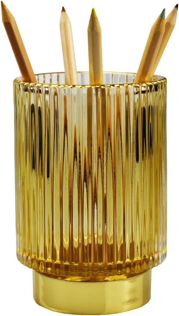 Thick Glass Pen Pot Cute Decorative Pencil Holder Cup for Desk Makeup Brush Holder for Home Office (Golden)
