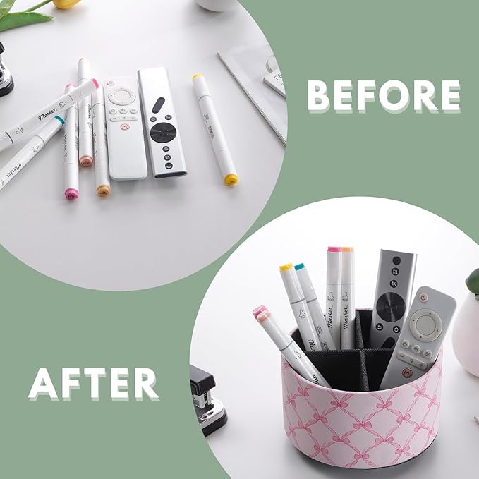 Cute Rotating Table Remote Control Holder, 360 Spinning PU Leather Remote Organizer and Makeup Brush Holder, Aesthetic Room Decor Storage Caddy for Nightstand, Pink Bow PH131