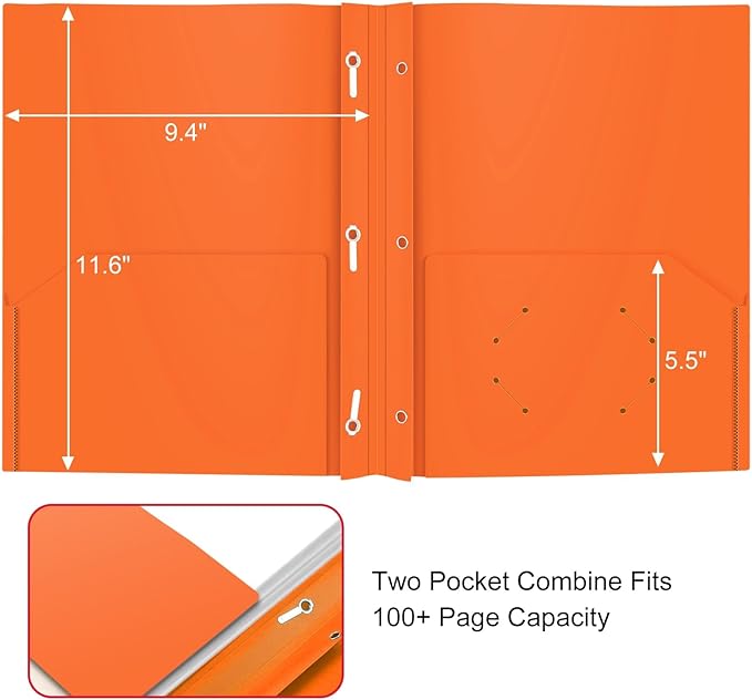 Heavy Duty Plastic Folder, 60 Pack, Pocket Folder with brads, Letter Size Poly File, Plastic Folders with 3 Prongs Fasteners - Orange