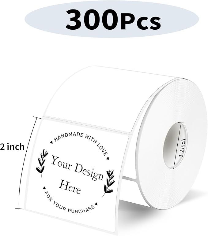 White Square Thermal Labels Printer Stickers- 2" x 2", Self-Adhesive Square Direct Thermal Labels Stickers, Waterproof/Perforation Line Design- 300 Sheets