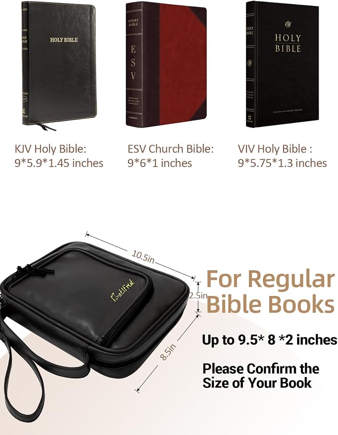 Men's Leather Bible Cover with Zipper Pockets - Black Bible Carrying Case for Church, Study, Travel - Protective Bible Cover Case for Men, Women, Boys