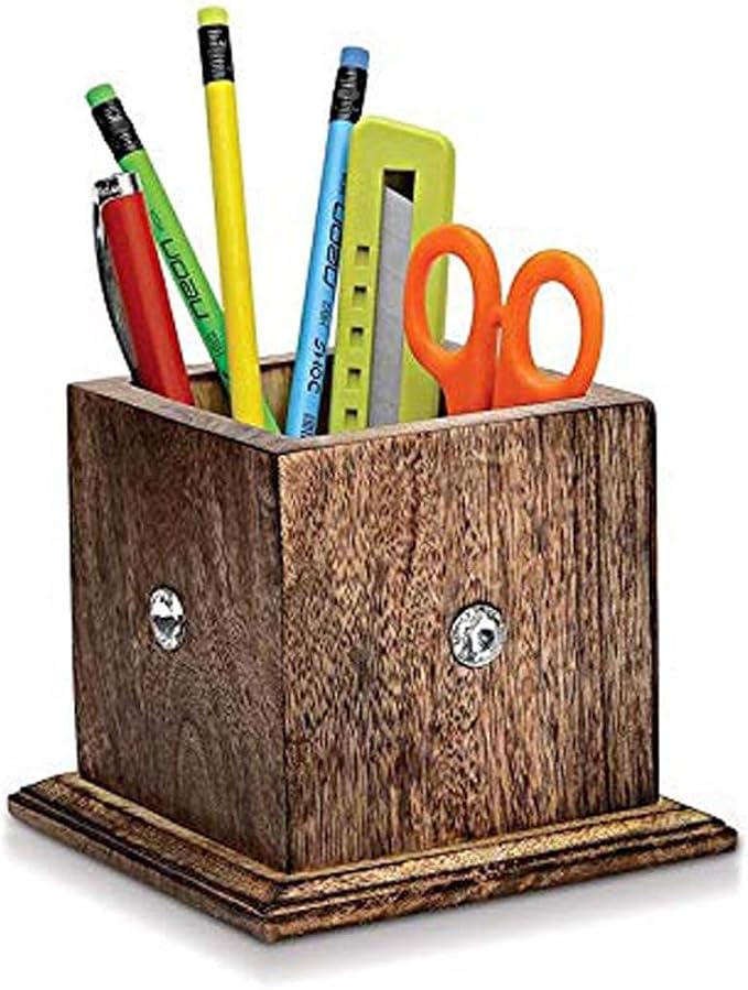 Wooden Antique Large Pencil Holder/Pencil Case - Elegant Office Desk Accessories - Stylish Multi Desk Organizer for Home, Office, Kitchen or Classroom with Ample Storage