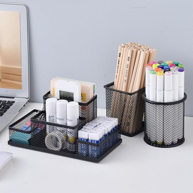 Desk Organizer Desktop Mesh Pen Pencil Holder Caddy with 4 Compartments, Office Home School Classroom Accessories Cool Supplies