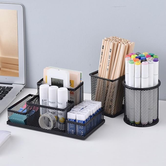 2 Packs Desk Organizer Desktop Mesh Pen Pencil Holder Caddy with 4 Compartments, Office Home School Classroom Accessories Cool Supplies (2Pcs Black)