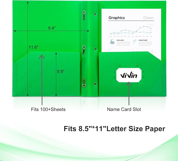 ViVin Plastic Folders with Pockets and Prongs,24 Pack,Heavy Duty 2-Pocket File Folder with 3 Fasteners,Fits Letter Size Paper,for School Home and Office(Bight Green)