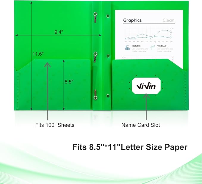 ViVin Plastic Folders with Pockets and Prongs,24 Pack,Heavy Duty 2-Pocket File Folder with 3 Fasteners,Fits Letter Size Paper,for School Home and Office(Bight Green)