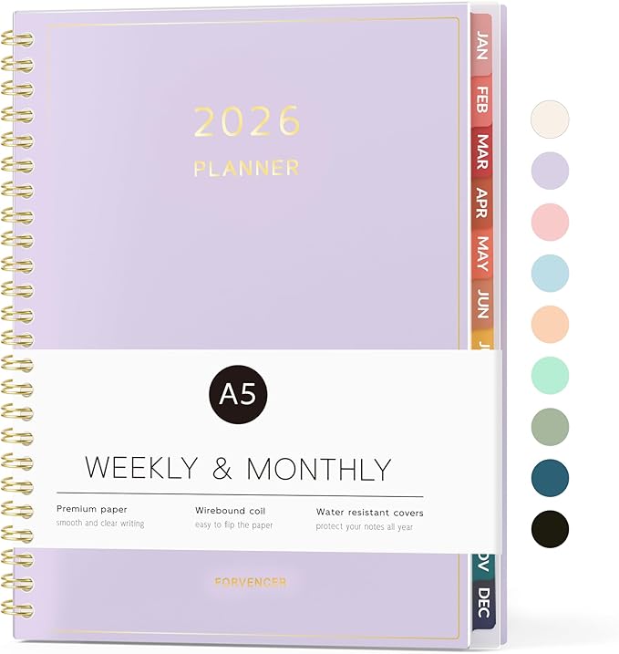 2026 Planner, Forvencer Calendar Planner Weekly and Monthly (Jan 2026-Dec 2026), 6" X 8", Agenda Book, Daily Journal Notebook with Tabs, Flexible Cover, Home School Organizer, A5, Purple