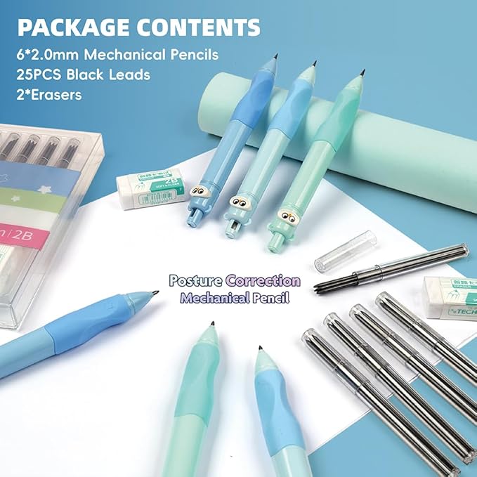 6PCS Cute Mechanical Pencils 2.0MM with Comfort Ergonomic Grip, 25PCS Leads,2PCS Erasers,Cute Stationery Kit for Writing, Sketching & Drawing,Ideal for Gift