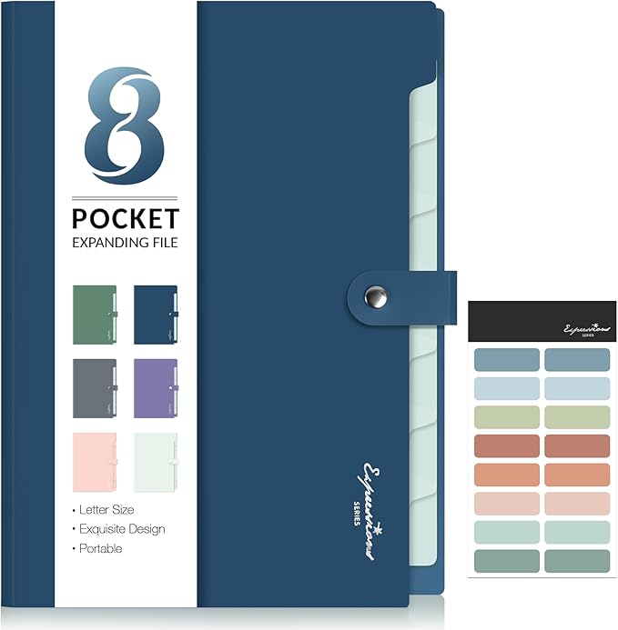 Sooez Elegant Accordion File Organizer with Labels, 8 Pocket Expanding File Folder, Portable Folders for Documents, Cute Paper Organizer for School Office Supplies, Letter Size, Blue