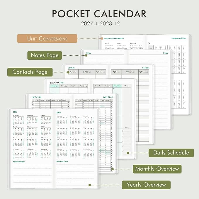 Pocket Calendar 2027-2028 for Purse, Small Pocket Planner 2027-2028 for Purse 3.5×6.5In, 24 Month Organizer from Jan 2027- Dec 2028 Mini Planner with Pvc Cover for Organizing & Planning