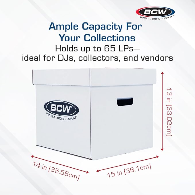 BCW Vinyl Record Storage Boxes – 2 Pack | Holds 65 LPs Each | Stackable Vinyl Record Storage Box with Reinforced Bottom & Handles | Archival Record Organizer for 12-Inch Albums, DJs & Collectors