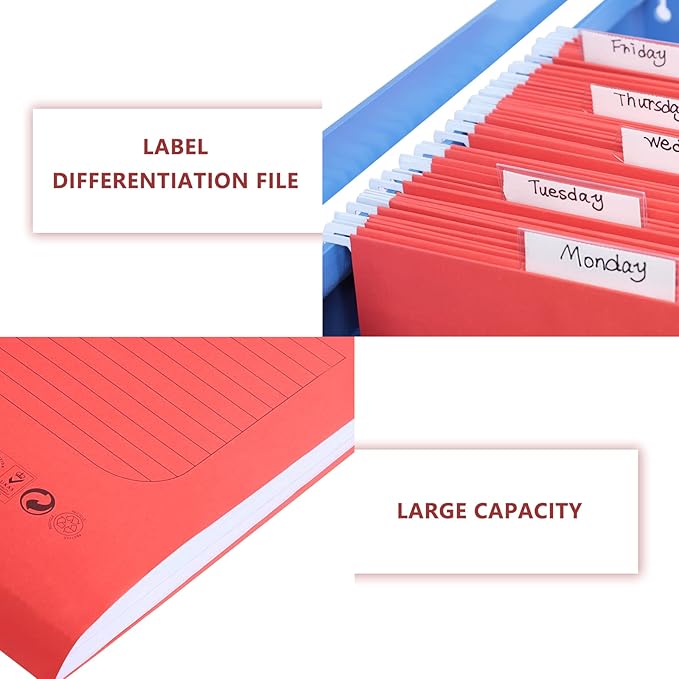 Hanging File Folder, A4 Suspension Files Holder, Hang Folder, Filing Cabinet Suspension File with Tab and Label for School Home Office, Red, 25 Pack