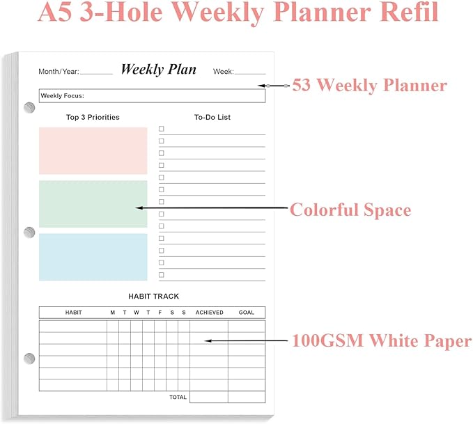 (2-Pack) Half Letter Size Weekly Planner Refills for 3 Ring Mini Binders - 53 Sheets/106 Pages Undated Colorful Weekly Planner, 100 gsm White Paper, Lasts 2 Year, Undated, 5.8" x 8.3"