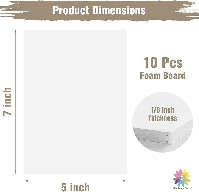 Mat Board Center, Pack of 10 Acid-Free Foam Boards, 5x7 inch White Foam Boards, 1/8" Thick