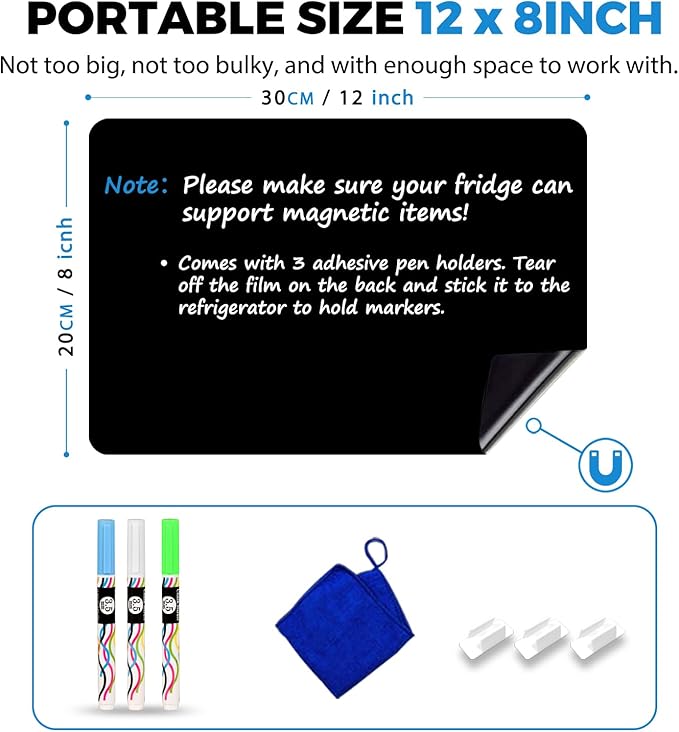 CUHIOY Magnetic Black Dry Erase Board for Fridge 12x8'', Small Magnetic Refrigerator Chalkboard - Easy to Clean Surface, Fridge Grocery List Magnet Whiteboard, 3 Markers pens and Eraser