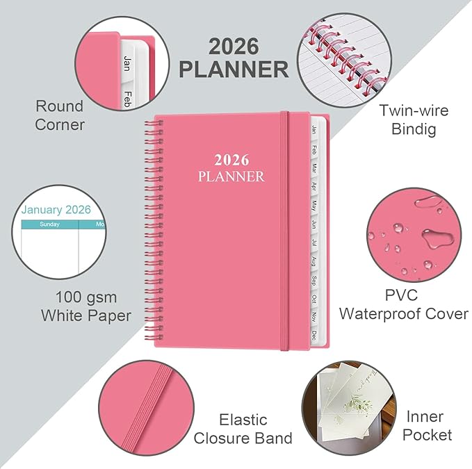 2026 Planner - Weekly & Monthly Planner from January 2026 - December 2026, Planner 2026 with Flexible Cover, Tabs, Inner Pocket, 6.4" x 8.5", Pink